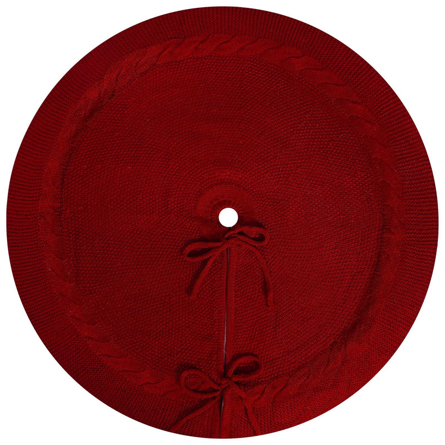 Red Luxury Knit Christmas Tree Skirt with Cable-Knit Border - Rustic Holiday Decor(92cm) V888-ELOSUNG34891
