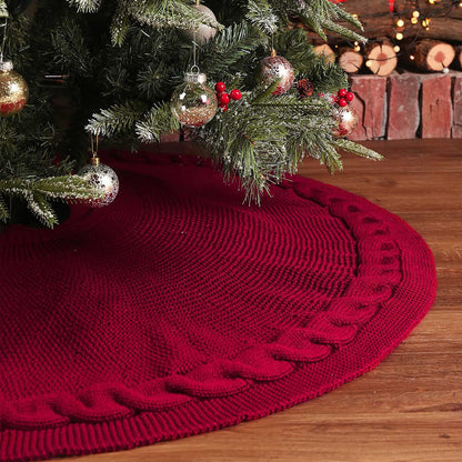 Red Luxury Knit Christmas Tree Skirt with Cable-Knit Border - Rustic Holiday Decor(122cm) V888-ELOSUNG34893