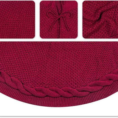 Red Luxury Knit Christmas Tree Skirt with Cable-Knit Border - Rustic Holiday Decor(122cm) V888-ELOSUNG34893