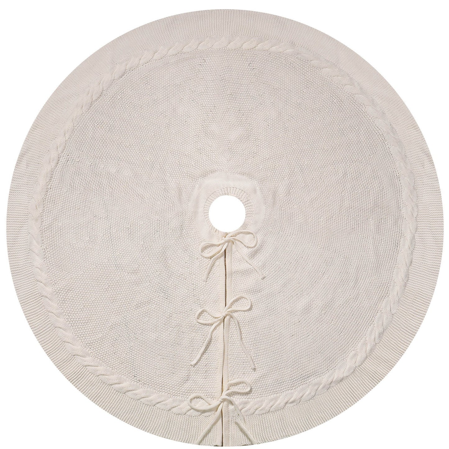 White Luxury Knit Christmas Tree Skirt with Cable-Knit Border - Rustic Holiday Decor(122cm) V888-ELOSUNG34894