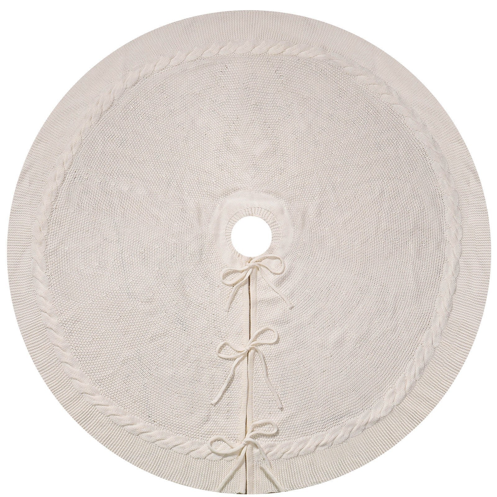 White Luxury Knit Christmas Tree Skirt with Cable-Knit Border - Rustic Holiday Decor(122cm) V888-ELOSUNG34894