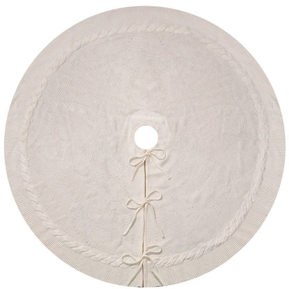 White Luxury Knit Christmas Tree Skirt with Cable-Knit Border - Rustic Holiday Decor(122cm) V888-ELOSUNG34894