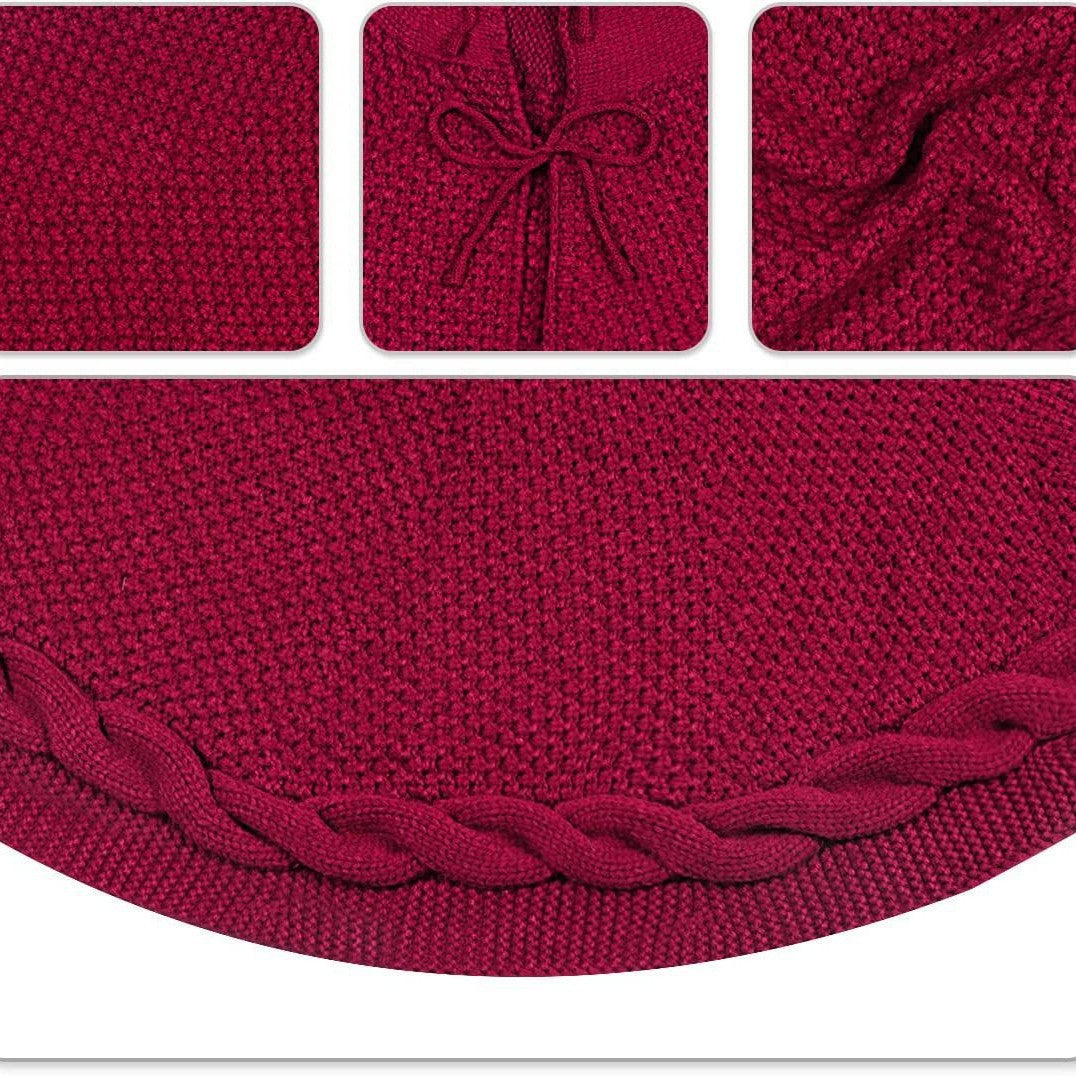 White Luxury Knit Christmas Tree Skirt with Cable-Knit Border - Rustic Holiday Decor(122cm) V888-ELOSUNG34894