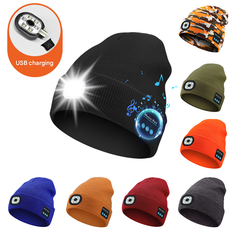 Navy blue Wireless Bluetooth Beanie Hat with USB Rechargeable LED Headlight - Unisex Knit Cap for Running & V888-ELOSUNG34903