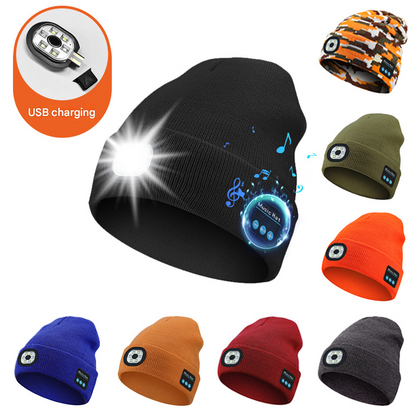 Navy blue Wireless Bluetooth Beanie Hat with USB Rechargeable LED Headlight - Unisex Knit Cap for Running & V888-ELOSUNG34903