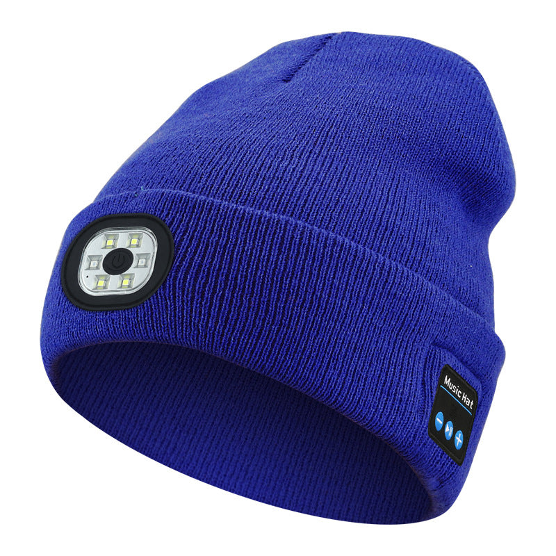 Blue Wireless Bluetooth Beanie Hat with USB Rechargeable LED Headlight - Unisex Knit Cap for Running & Camping V888-ELOSUNG34906