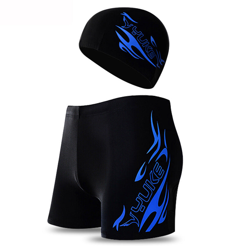 Blue Men's Athletic Swim Trunks and Cap Set with Dynamic Graphic Print(4XL) V888-ELOSUNG34907