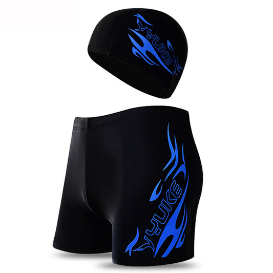 Blue Men's Athletic Swim Trunks and Cap Set with Dynamic Graphic Print(4XL) V888-ELOSUNG34907