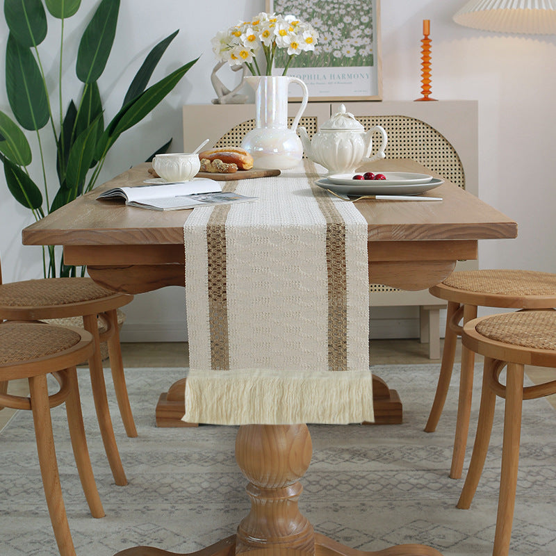 2-PCS Double bars Bohemian Woven Table Runner with Tassels - Rustic Farmhouse Decor for Dining & Coffee Tables V888-ELOSUNG34911