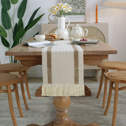 2-PCS Double bars Bohemian Woven Table Runner with Tassels - Rustic Farmhouse Decor for Dining & Coffee Tables V888-ELOSUNG34911
