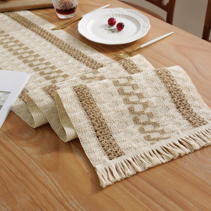 2-PCS Double bars Bohemian Woven Table Runner with Tassels - Rustic Farmhouse Decor for Dining & Coffee Tables V888-ELOSUNG34911