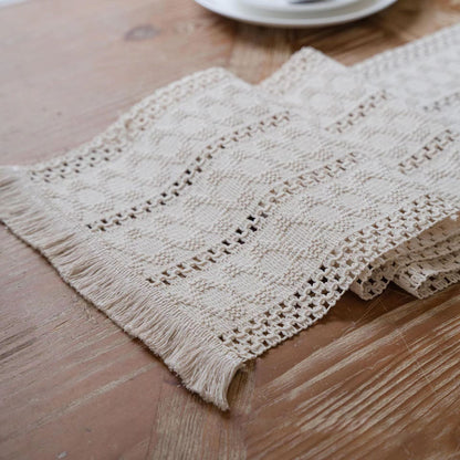 2-PCS White Bohemian Woven Table Runner with Tassels - Rustic Farmhouse Decor for Dining & Coffee Tables V888-ELOSUNG34913