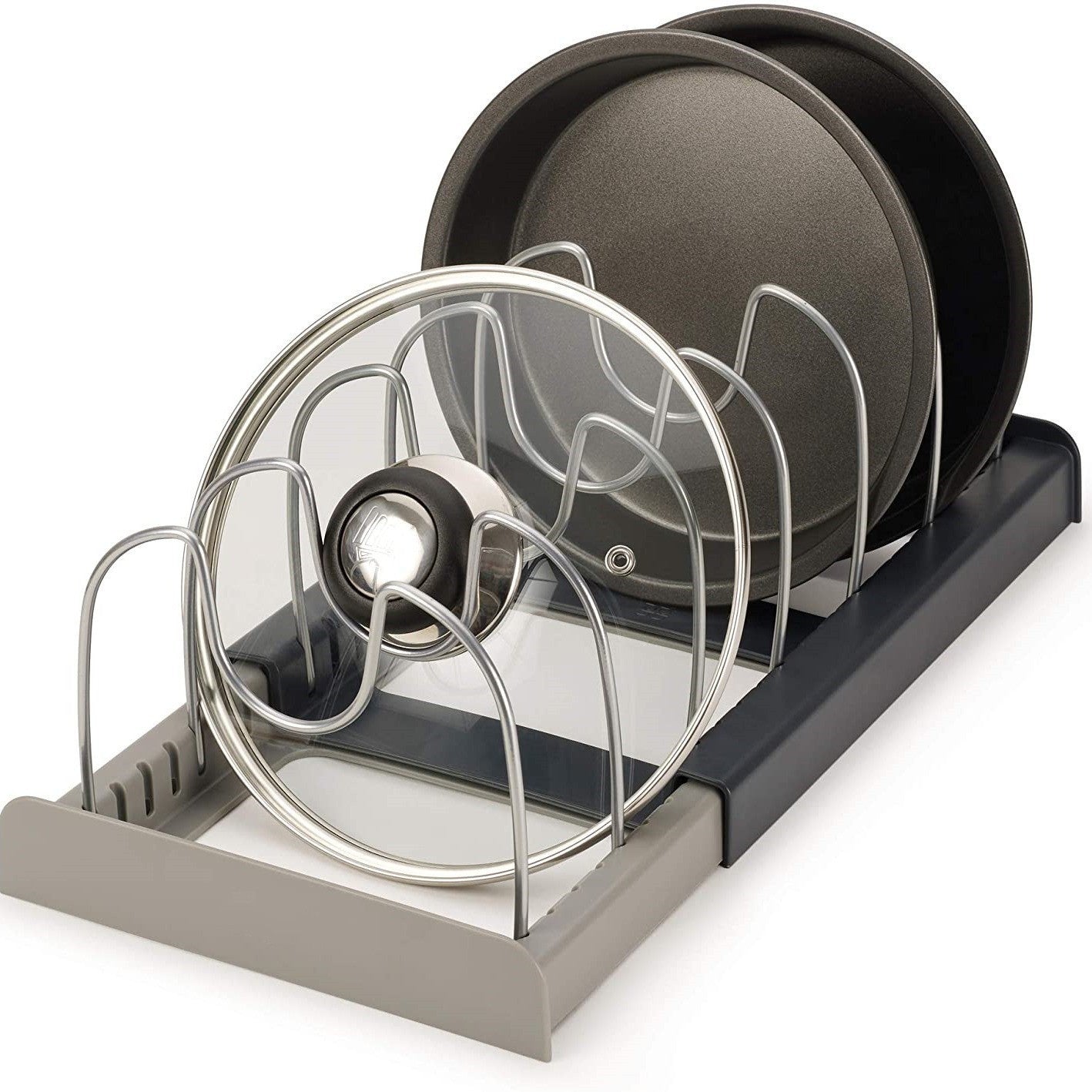 Grey Expandable Pan & Pot Lid Organizer Rack - Adjustable Kitchen Cabinet Storage Holder for Bakeware & V888-ELOSUNG34915