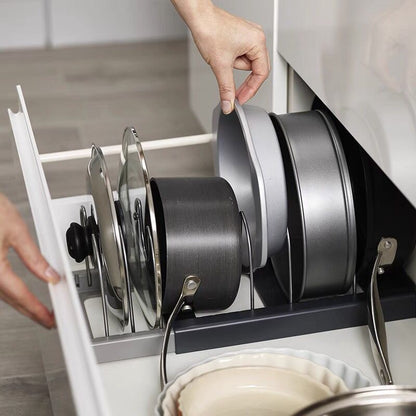 Grey Expandable Pan & Pot Lid Organizer Rack - Adjustable Kitchen Cabinet Storage Holder for Bakeware & V888-ELOSUNG34915