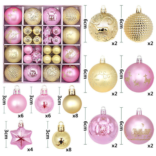 Gold and pink 44-Piece Assorted Christmas Baubles Set with Elegant Designs in Wooden Gift Box - 3-6cm V888-ELOSUNG34922