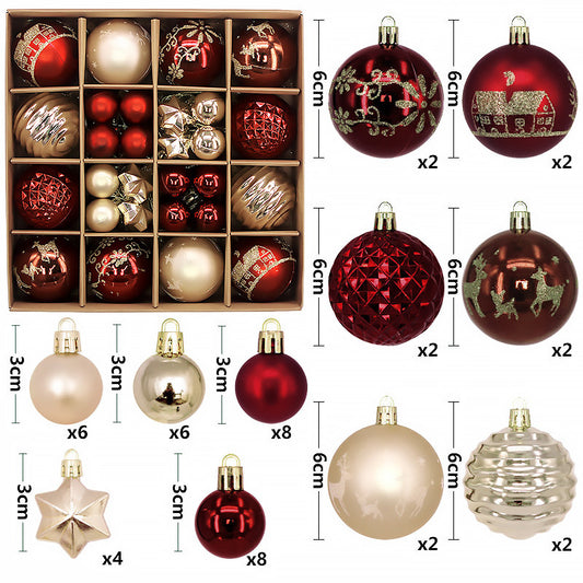 Red and white 44-Piece Assorted Christmas Baubles Set with Elegant Designs in Wooden Gift Box - 3-6cm V888-ELOSUNG34923