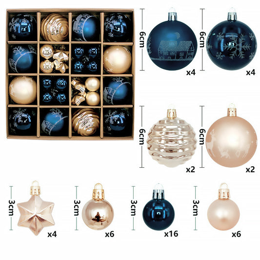 Navy blue and white 44-Piece Assorted Christmas Baubles Set with Elegant Designs in Wooden Gift Box - 3-6cm V888-ELOSUNG34924