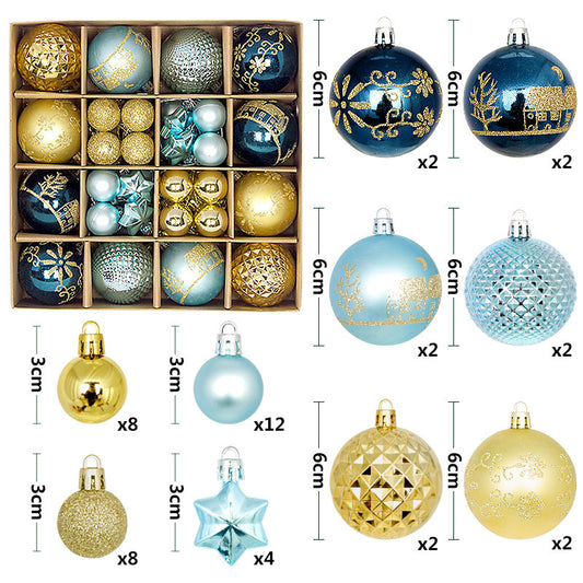 Blue and gold 44-Piece Assorted Christmas Baubles Set with Elegant Designs in Wooden Gift Box - 3-6cm V888-ELOSUNG34925
