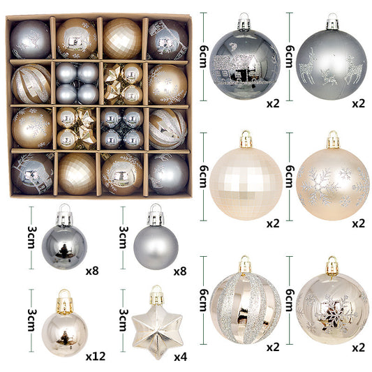 Grey and champagne gold 44-Piece Assorted Christmas Baubles Set with Elegant Designs in Wooden Gift Box - V888-ELOSUNG34926