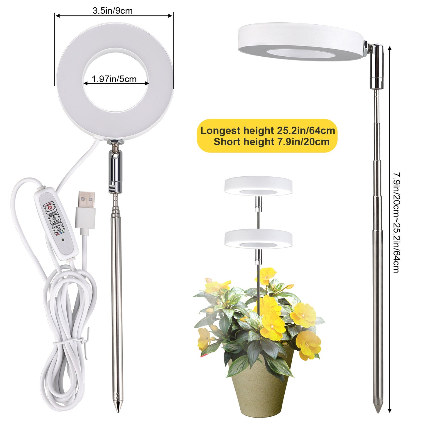 White Full Spectrum LED Grow Light with Telescopic Stake for Indoor Plants V888-ELOSUNG34973