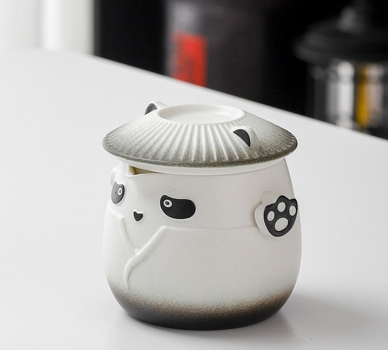 Adorable Panda Design Ceramic Tea Infuser Mug Set - 310ml Travel Crackle Glaze Cup with Lid & Strainer(black) V888-ELOSUNG35027