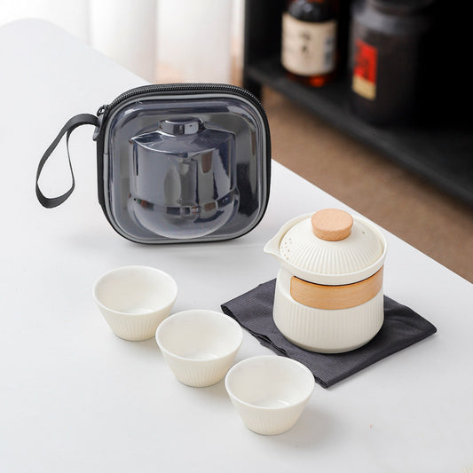 Portable Ceramic Travel Tea Set - One Pot Three Cups with Carrying Case, Elegant Frosted Finish(white) V888-ELOSUNG35036