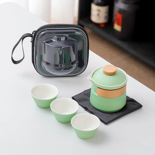 Portable Ceramic Travel Tea Set - One Pot Three Cups with Carrying Case, Elegant Frosted Finish(green) V888-ELOSUNG35037