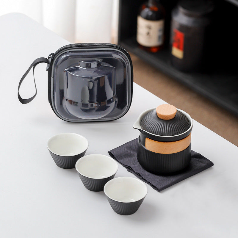 Portable Ceramic Travel Tea Set - One Pot Three Cups with Carrying Case, Elegant Frosted Finish(black) V888-ELOSUNG35038