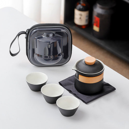 Portable Ceramic Travel Tea Set - One Pot Three Cups with Carrying Case, Elegant Frosted Finish(black) V888-ELOSUNG35038