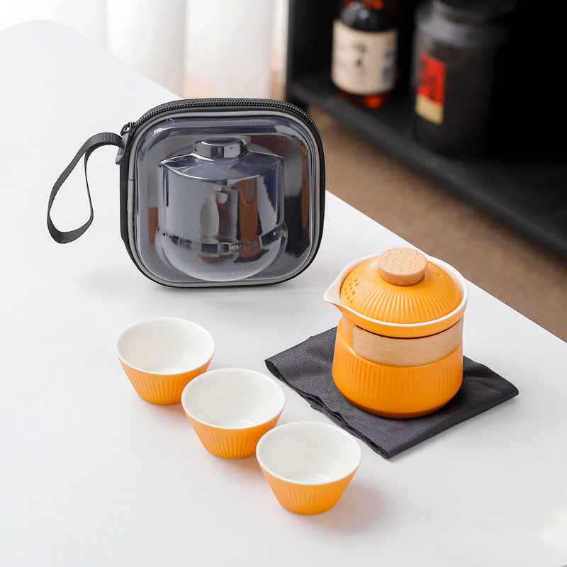 Portable Ceramic Travel Tea Set - One Pot Three Cups with Carrying Case, Elegant Frosted Finish(yellow) V888-ELOSUNG35039