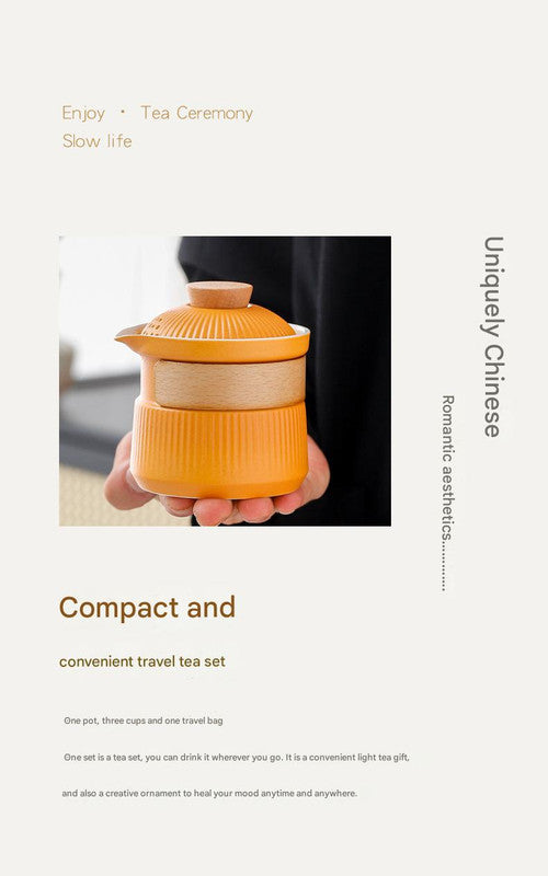 Portable Ceramic Travel Tea Set - One Pot Three Cups with Carrying Case, Elegant Frosted Finish(yellow) V888-ELOSUNG35039