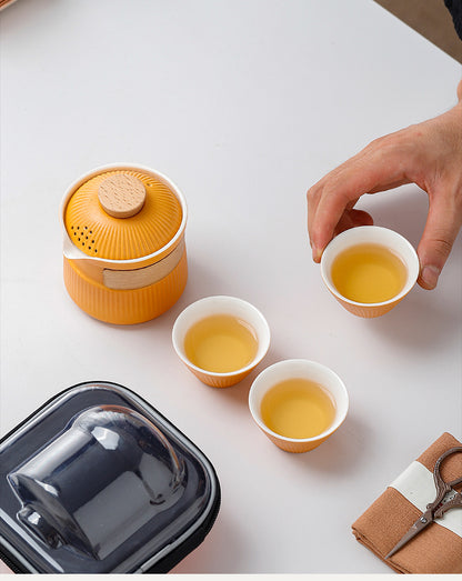 Portable Ceramic Travel Tea Set - One Pot Three Cups with Carrying Case, Elegant Frosted Finish(yellow) V888-ELOSUNG35039