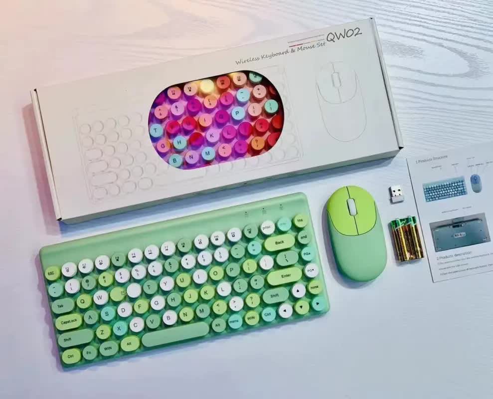 Wireless Keyboard & Mouse Combo - Retro Round Keycaps, 2.4GHz Ergonomic Design(green) V888-ELOSUNG35106