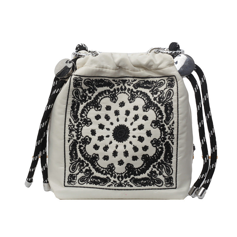 Chic Drawstring Bucket Bag with Intricate Print - Adjustable Rope Strap, Lightweight Fabric(Beige) V888-ELOSUNG35118