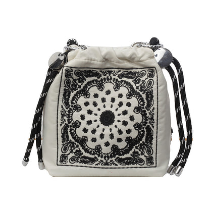 Chic Drawstring Bucket Bag with Intricate Print - Adjustable Rope Strap, Lightweight Fabric(Beige) V888-ELOSUNG35118