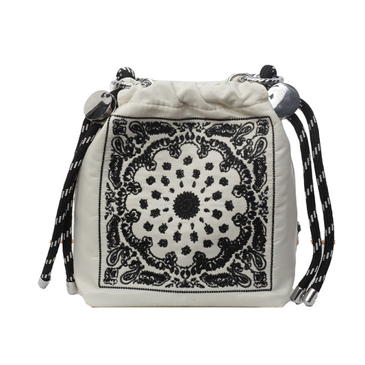 Chic Drawstring Bucket Bag with Intricate Print - Adjustable Rope Strap, Lightweight Fabric(Beige) V888-ELOSUNG35118