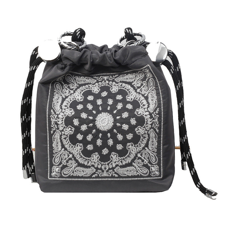 Chic Drawstring Bucket Bag with Intricate Print - Adjustable Rope Strap, Lightweight Fabric(Gray) V888-ELOSUNG35119