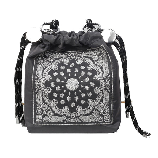 Chic Drawstring Bucket Bag with Intricate Print - Adjustable Rope Strap, Lightweight Fabric(Gray) V888-ELOSUNG35119