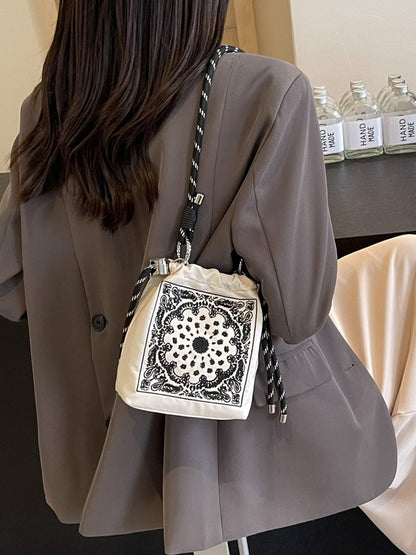Chic Drawstring Bucket Bag with Intricate Print - Adjustable Rope Strap, Lightweight Fabric(Gray) V888-ELOSUNG35119