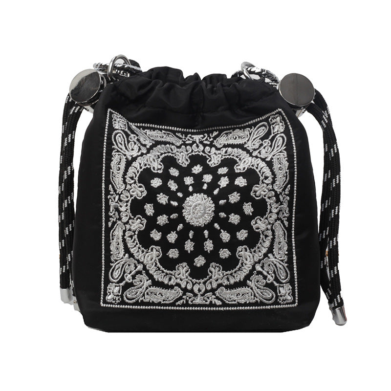 Chic Drawstring Bucket Bag with Intricate Print - Adjustable Rope Strap, Lightweight Fabric(Black) V888-ELOSUNG35120