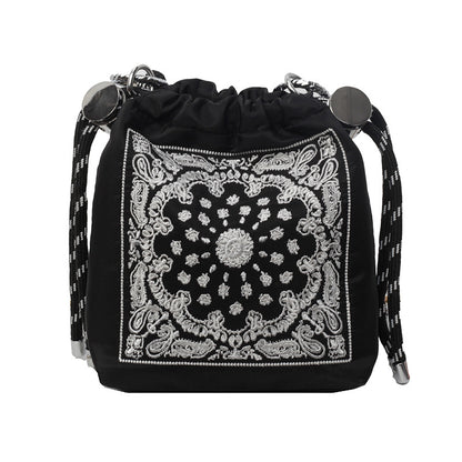 Chic Drawstring Bucket Bag with Intricate Print - Adjustable Rope Strap, Lightweight Fabric(Black) V888-ELOSUNG35120
