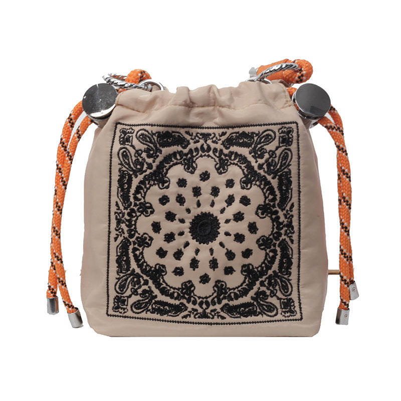 Chic Drawstring Bucket Bag with Intricate Print - Adjustable Rope Strap, Lightweight Fabric(Khaki) V888-ELOSUNG35121
