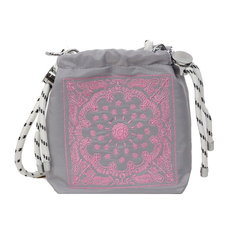 Chic Drawstring Bucket Bag with Intricate Print - Adjustable Rope Strap, Lightweight Fabric(Pink) V888-ELOSUNG35122