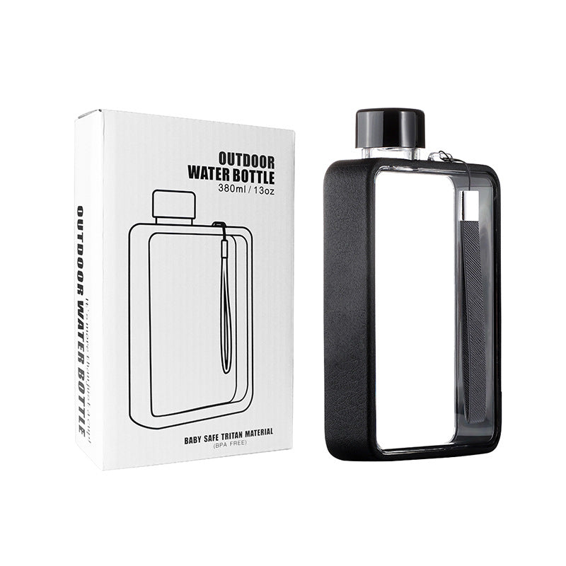 Slim Tritan Flat Water Bottle - 380ml BPA-Free, Leakproof with Leather-Textured Sleeve & Strap(Black) V888-ELOSUNG35123