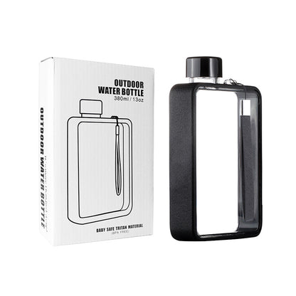 Slim Tritan Flat Water Bottle - 380ml BPA-Free, Leakproof with Leather-Textured Sleeve & Strap(Black) V888-ELOSUNG35123