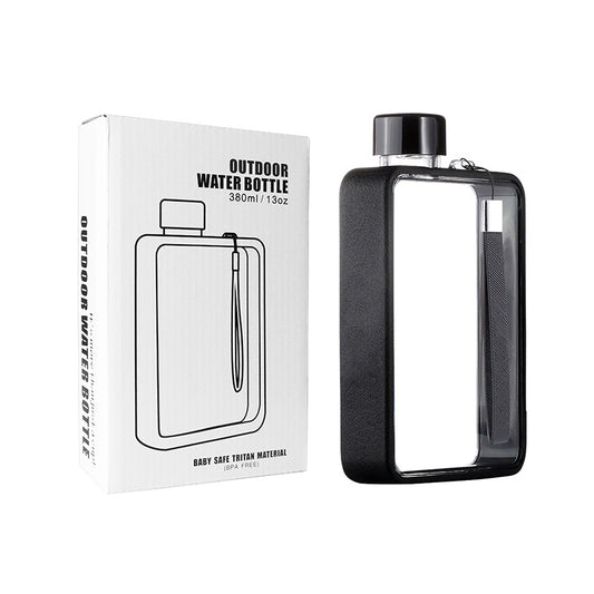 Slim Tritan Flat Water Bottle - 380ml BPA-Free, Leakproof with Leather-Textured Sleeve & Strap(Black) V888-ELOSUNG35123