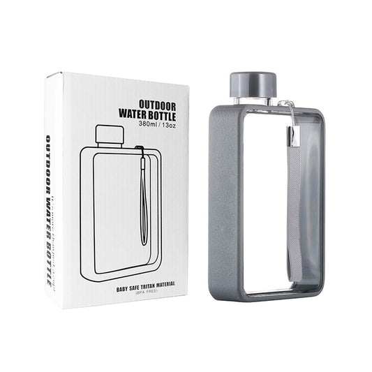 Slim Tritan Flat Water Bottle - 380ml BPA-Free, Leakproof with Leather-Textured Sleeve & Strap(grey) V888-ELOSUNG35125