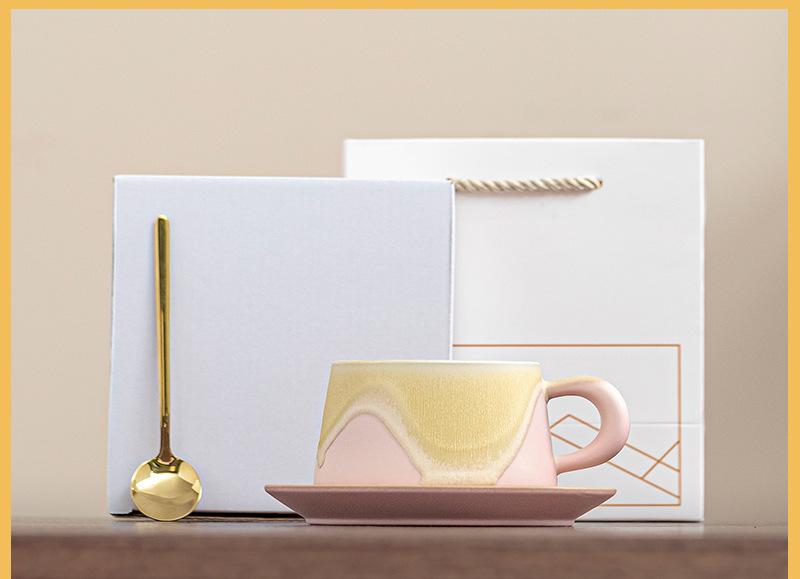 Artistic Ceramic Coffee Cup & Saucer Set with Spoon - Gradient Glaze, 240ml, Gift Boxed(pink) V888-ELOSUNG35127