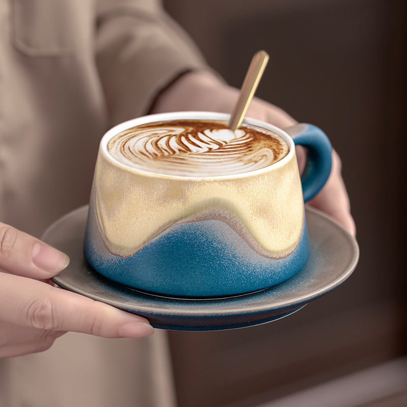 Artistic Ceramic Coffee Cup & Saucer Set with Spoon - Gradient Glaze, 240ml, Gift Boxed(Blue) V888-ELOSUNG35128