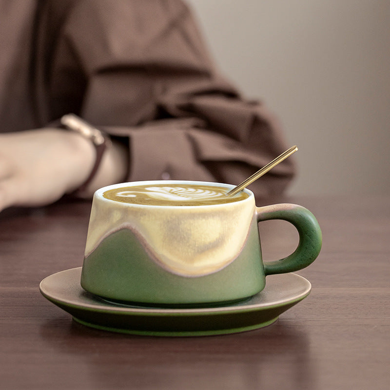 Artistic Ceramic Coffee Cup & Saucer Set with Spoon - Gradient Glaze, 240ml, Gift Boxed(Blue) V888-ELOSUNG35128